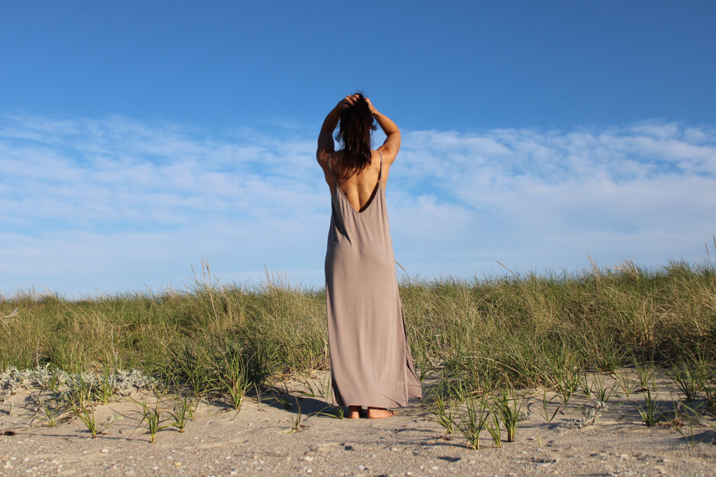 Rachel Ackley in Hampton dress on the beach