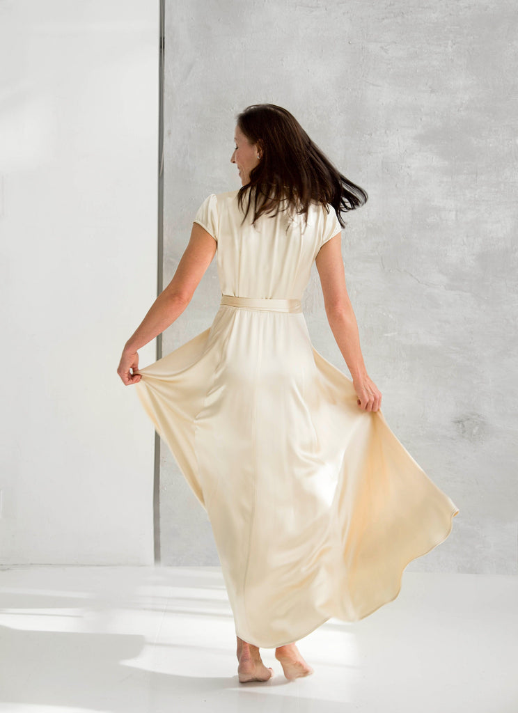Rachel Ackley in 4 ply silk crepe healer dress short sleeves in antique white back view