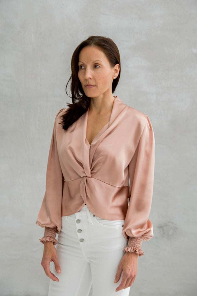 Rachel Ackley in silk charmeuse blouse long sleeves in color blush