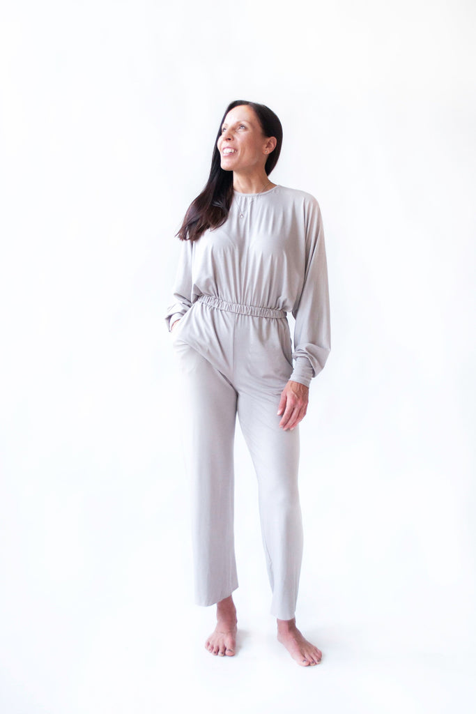 Rachel Ackley in bamboo long sleeve jumpsuit in white