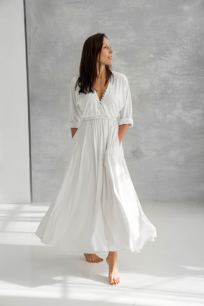 Rachel Ackley in organic cotton button down ankle long dress in white