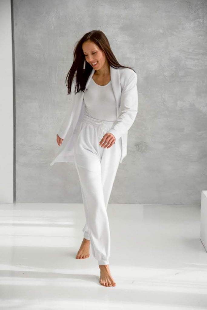 Rachel Ackley in white bamboo Rachel Voss Blazer & Sweatpants set