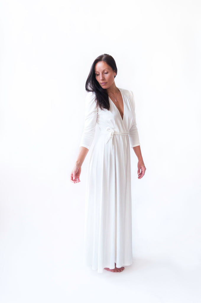 Rachel Ackley in organic cotton ankle long healer dress in white