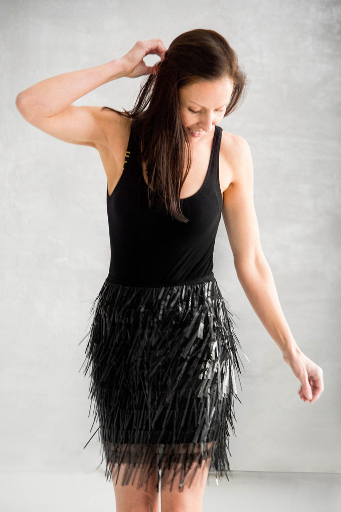 Rachel Ackley in New Year Eve Skirt in black metallic fringe
