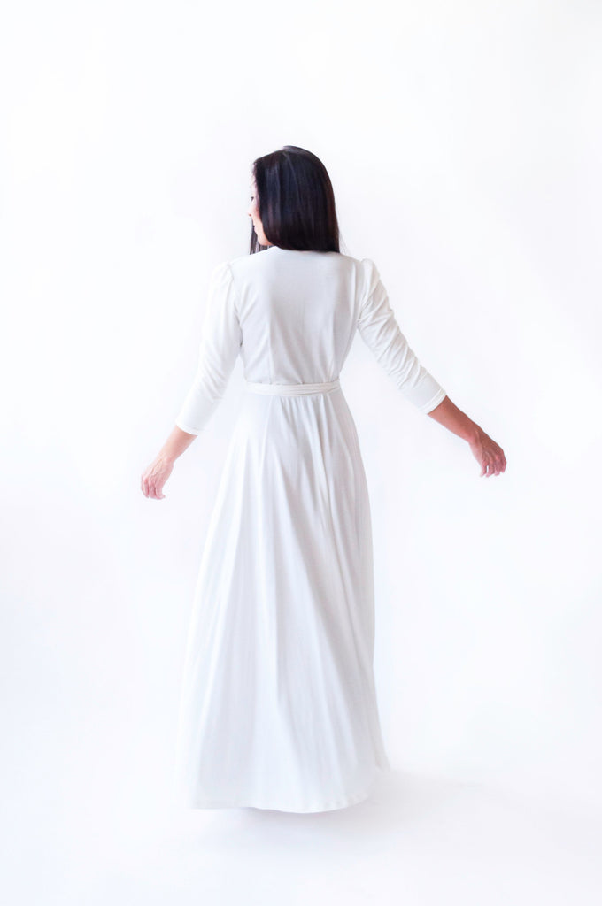 Rachel Ackley in organic cotton ankle long healer dress in white