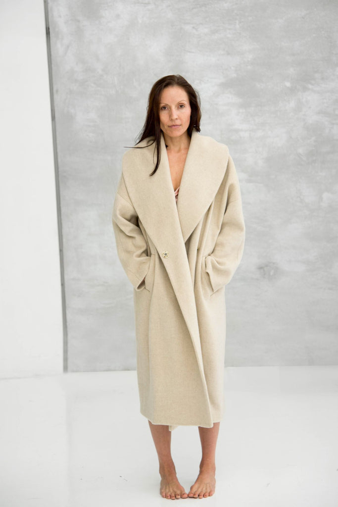 Rachel Ackley in morganite wool coat 