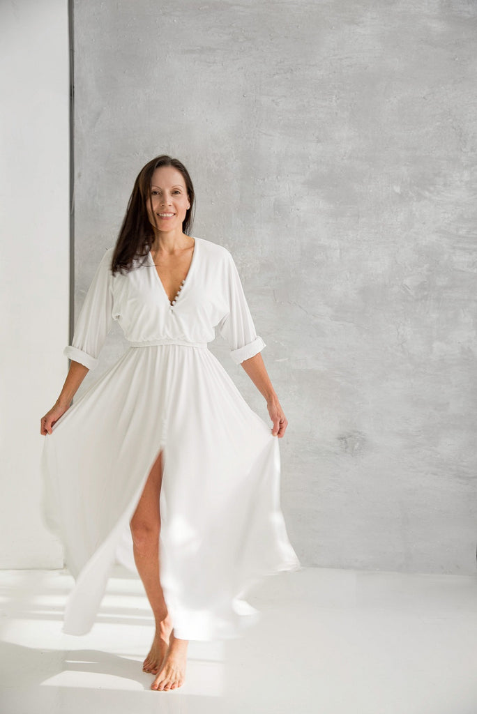 Rachel Ackley in organic cotton button down ankle long dress in white