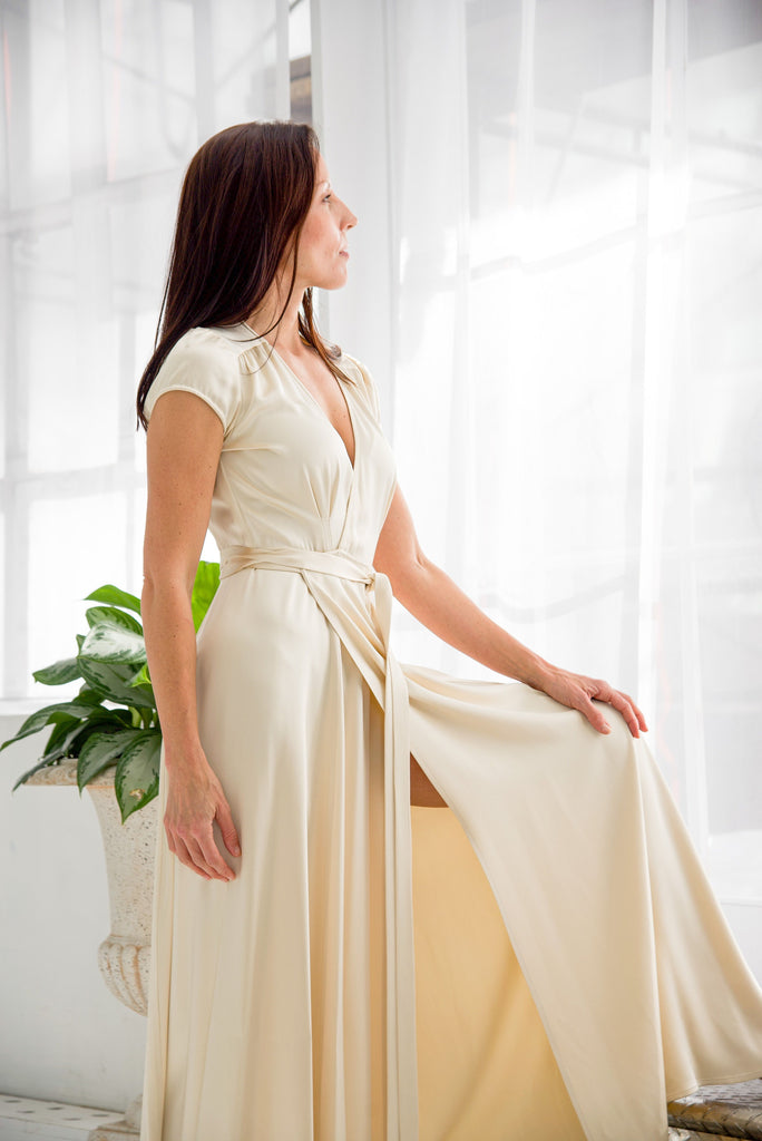Rachel Ackley in 4 ply silk crepe healer dress short sleeves in antique white side view
