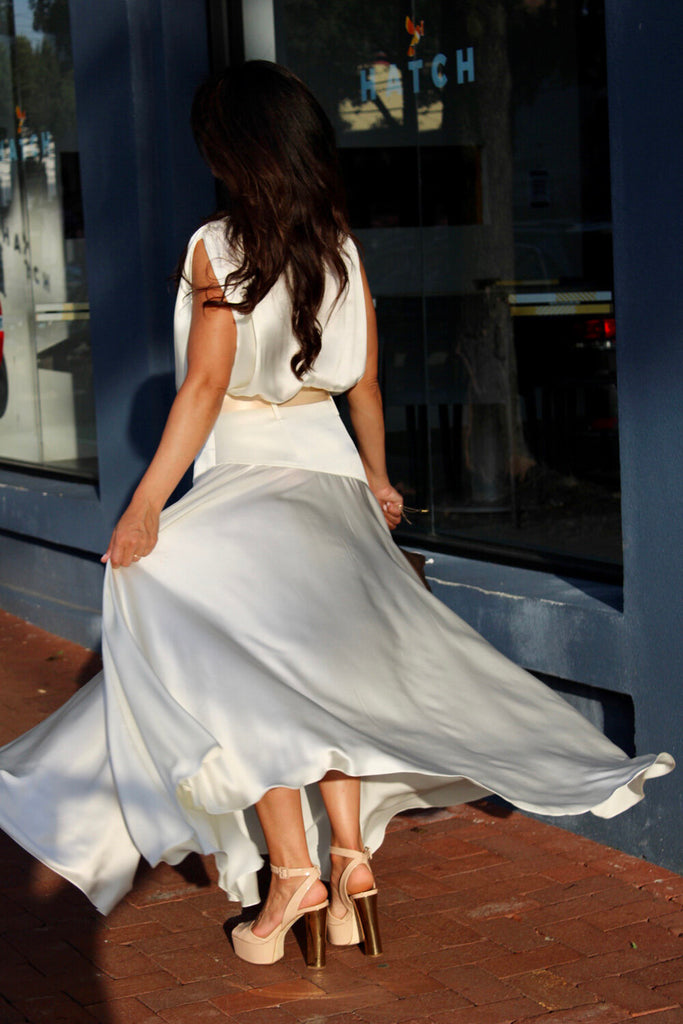 Melina Hetman Dress in silk charmeuse in white back view