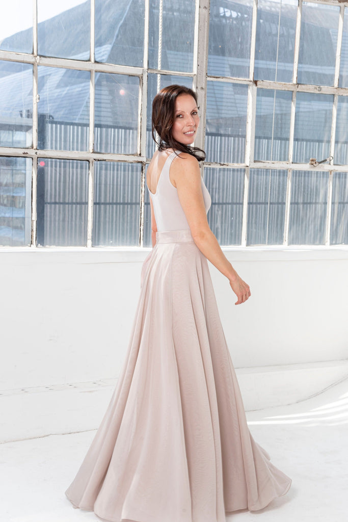Rachel Ackley in Maxi Skirt in Silk Chiffon in pink color back view