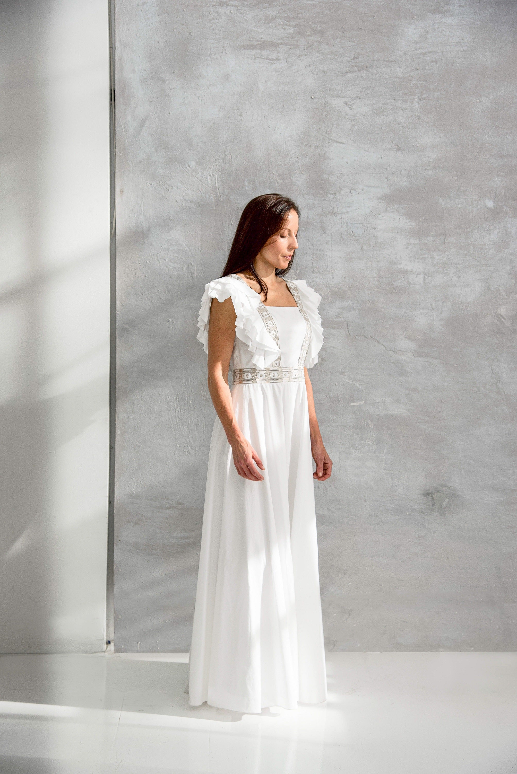native outsider white long sleeve dress The Miranda Front Button Temple Dress in Creamy White XS