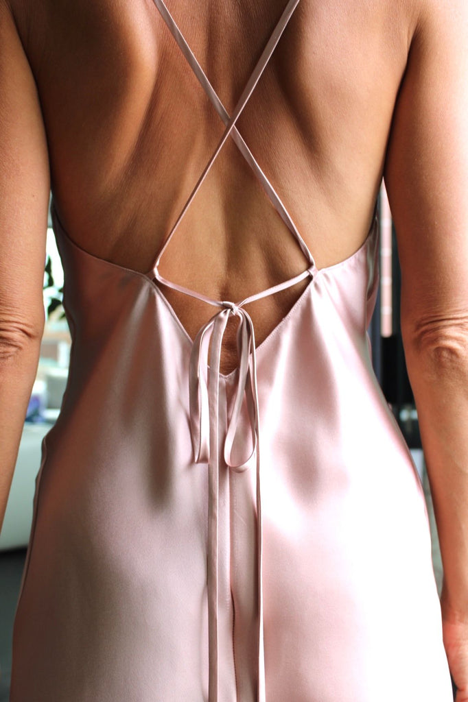 Amanda Lachowicz dress in silk charmeuse strap back in color blush